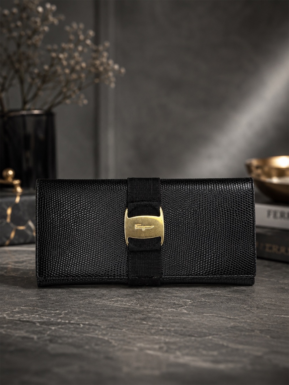 Salvatore Ferragamo Black Embossed Leather Long Wallet Gancini Gold Hardware